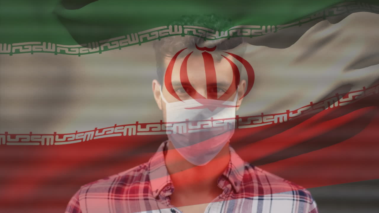 도시 거리에서 얼굴 마스크를 쓴 라틴인 남자가 이란의 국기를 흔들고 있는 애니메이션