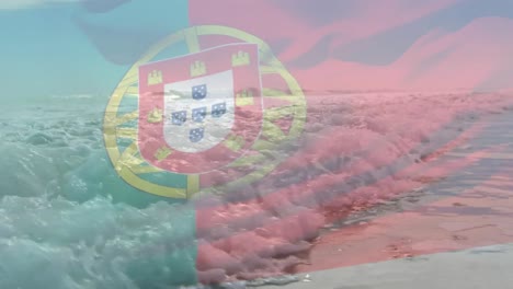 Animación-De-La-Bandera-De-Portugal-Ondeando-Sobre-El-Paisaje-Marino-De-La-Playa.