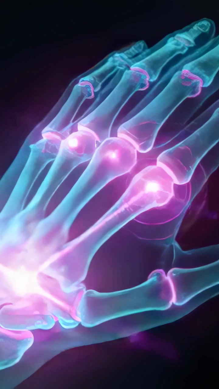 Vertical video: Glowing knuckle xray hand pulsing magenta light along joints activating in studio