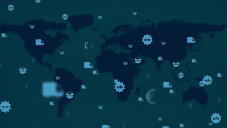 digital composite video of digital icons moving against world map in background