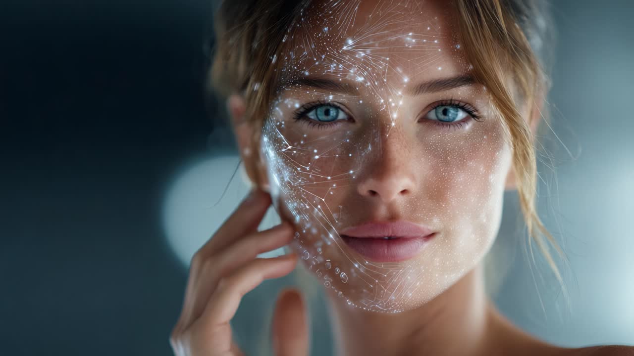 A Stunning Portrait of a Woman Illuminated by Ethereal Light Patterns, Showcasing Innovative Technology Merging Art and Science in Contemporary Facial Aesthetics