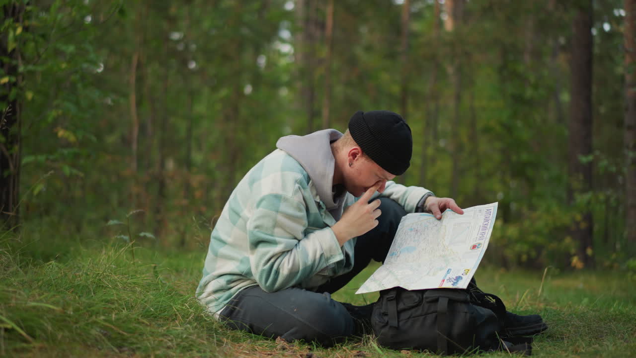 Explorer unfolding map in pine forest to locate trail and landmarks hopeful outdoors traveler inspects folds, adjusts position, reads chart against trees and moss, moment of clarity and satisfaction