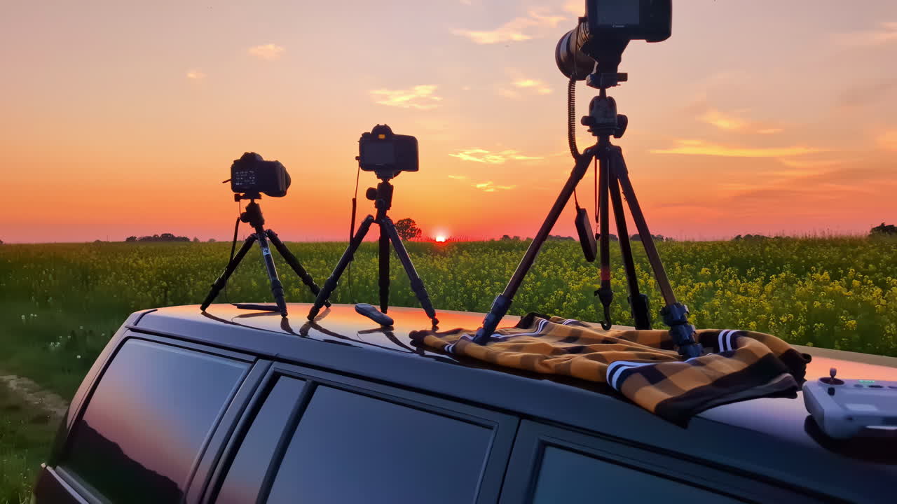 três câmeras gravando um belo timelapse no pôr do sol definido em trípodes no topo de um carro
