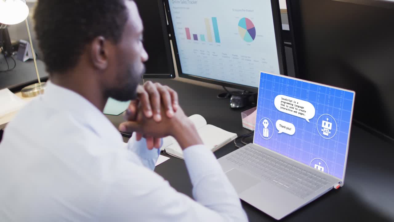Composition of african american businessman using laptop with ai chat on screen