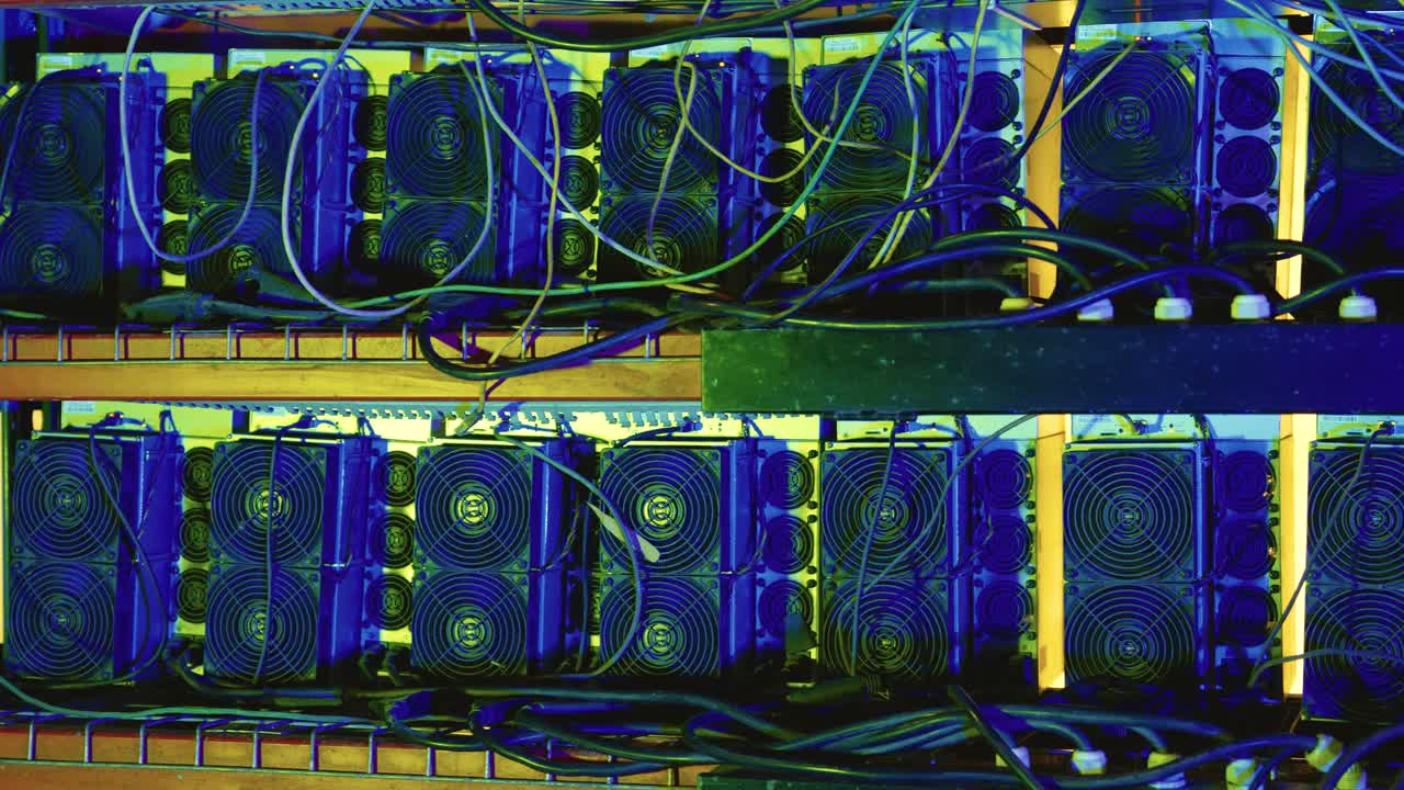 Multiple ASIC bitcoin miners with prominent cooling fans and tangled wiring mounted on metal shelves in a server rack. Close up pan right
