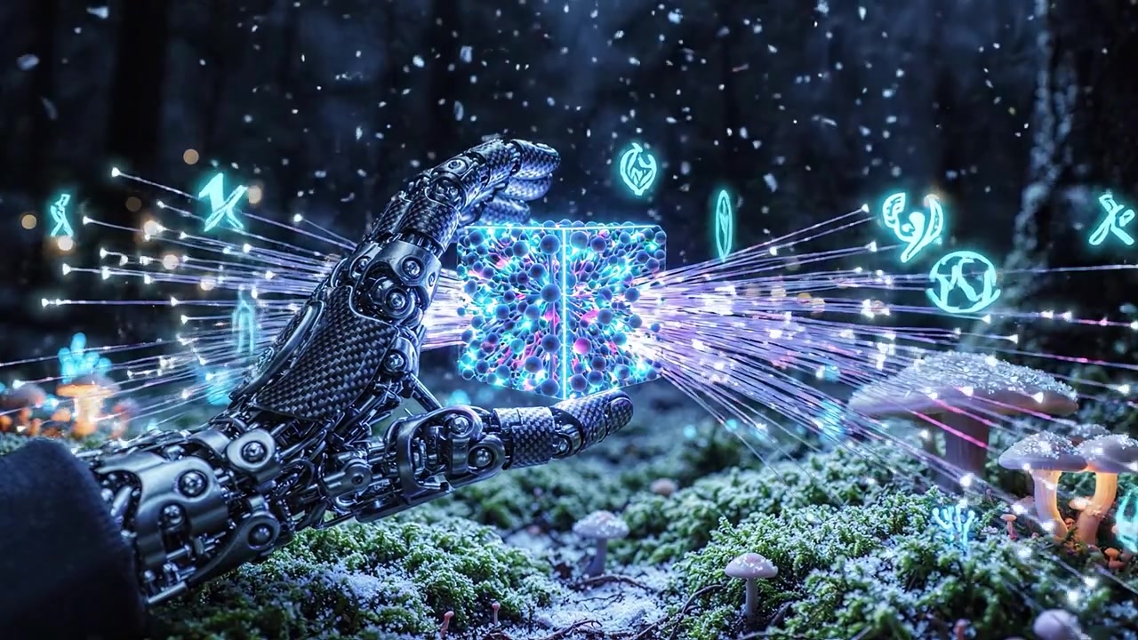 Futurystyczna dłoń robota delikatnie trzyma świecącą, misterną kostkę pośród mistycznej sceny leśnej, wypełnionej luminescencyjnymi roślinami i czarującymi płatkami śniegu