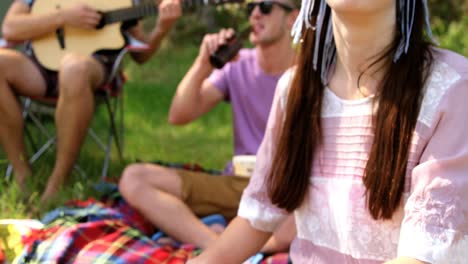 hipster friends playing music and drinking