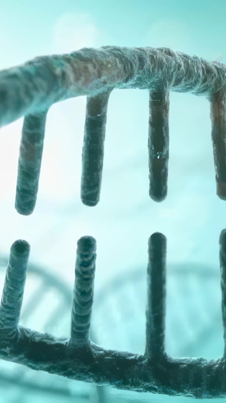 Video verticale: Telecamera che si muove su un'elica fibrosa, mostrando pioli a forma di asta in 3D microscopico color verde acqua, con profondità