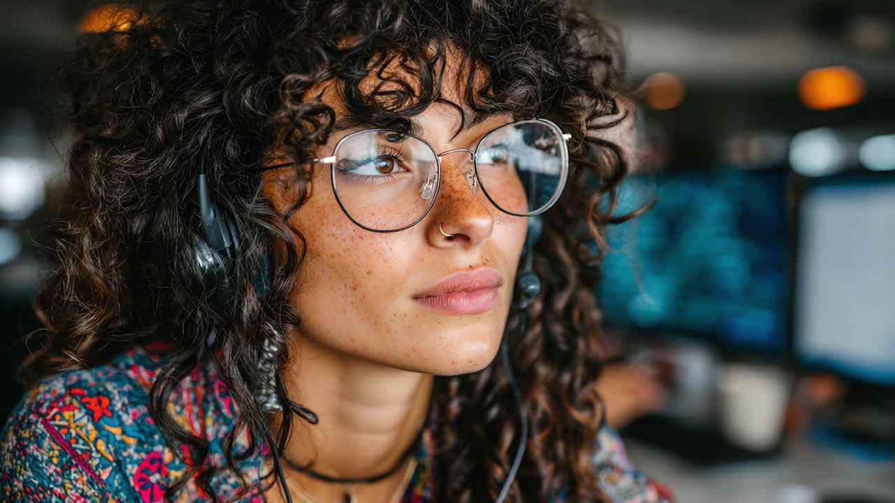 Focused Engagement: A Deep Dive into the Concentrated Mindset of a Young Professional with Curly Hair and Headset in a Tech Environment