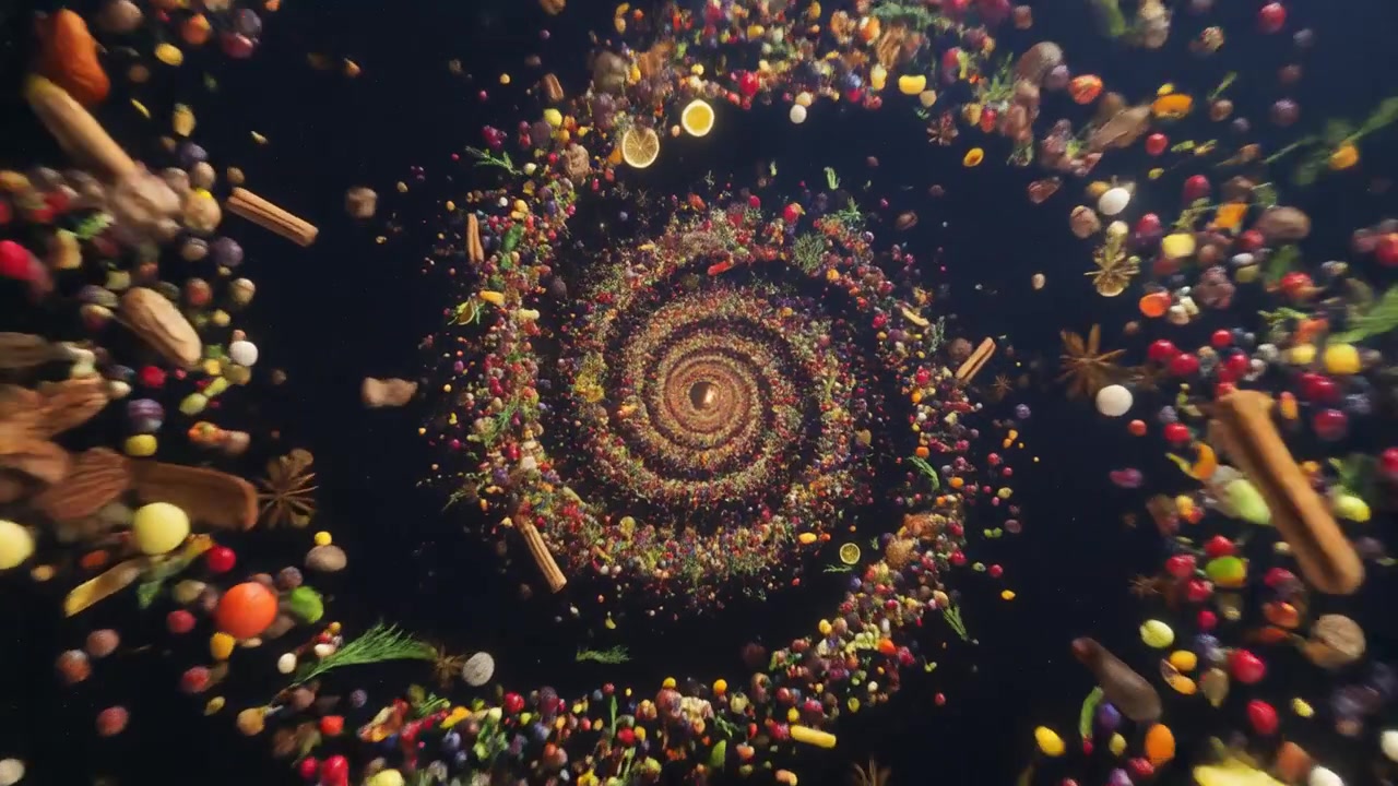 Spirale vibrante di frutta e spezie assortite che fluttuano nello spazio