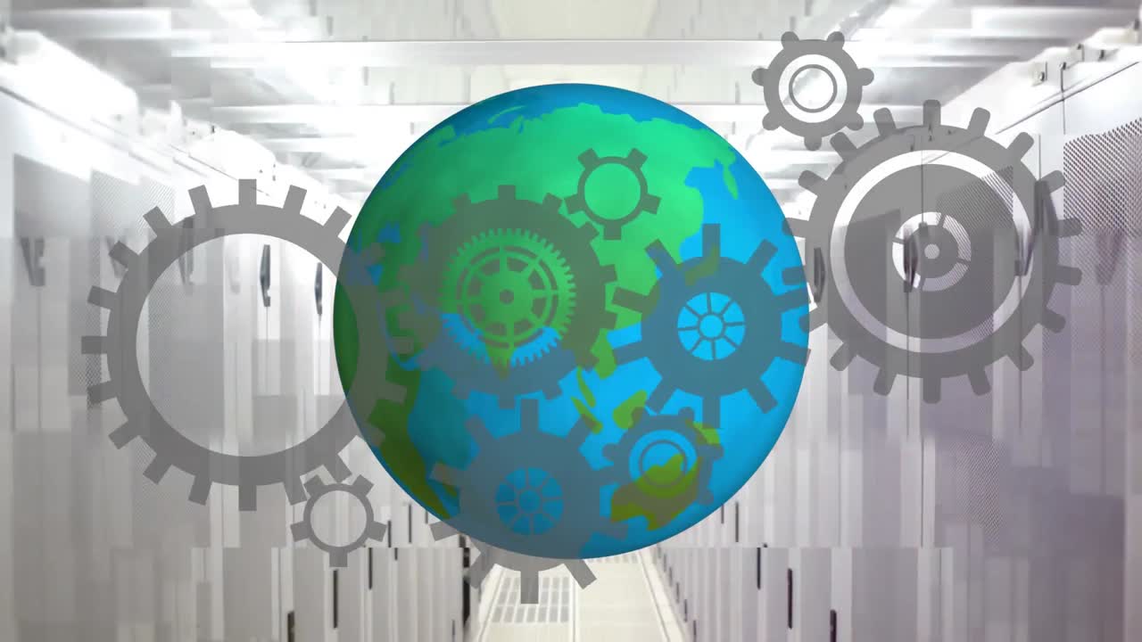 compuesto digital de un mundo y engranajes industriales