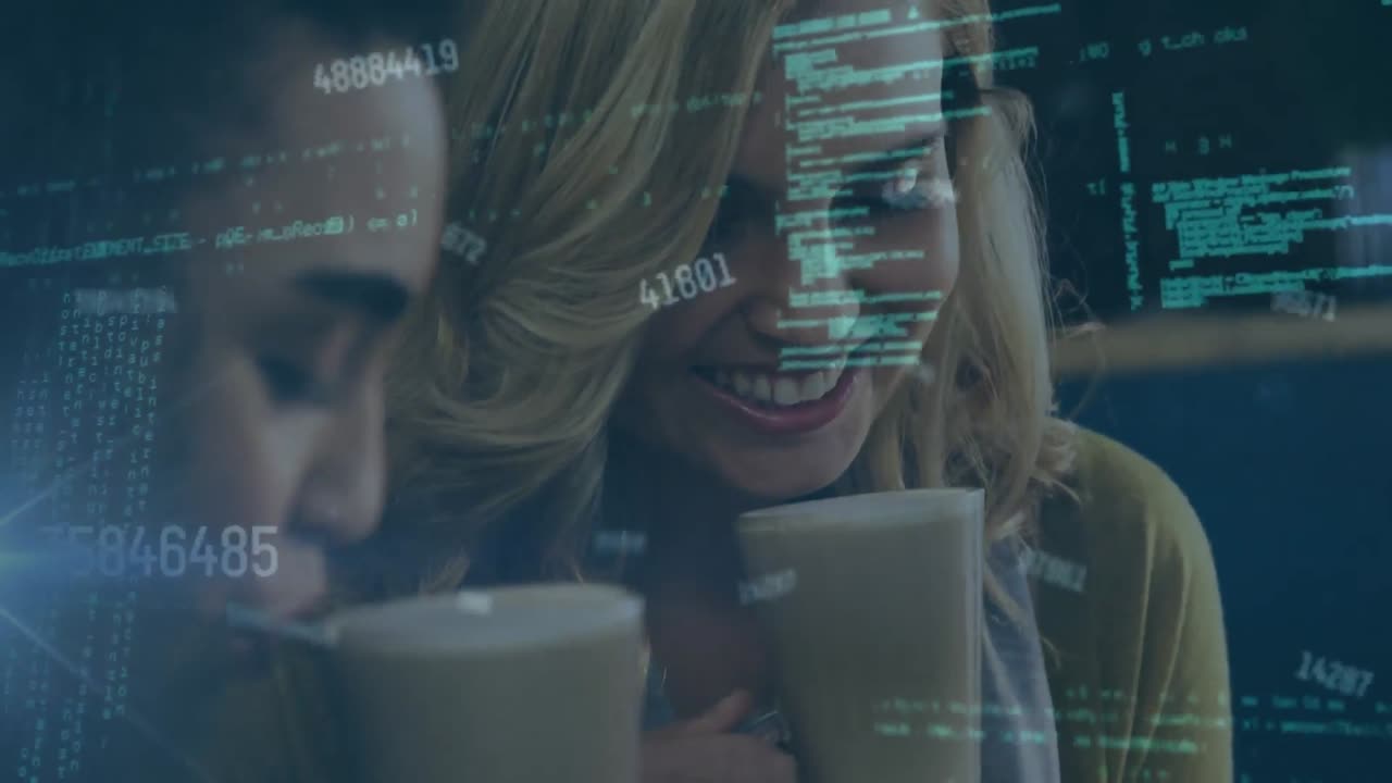 Animation of changing numbers and computer language over diverse female friends drinking coffee