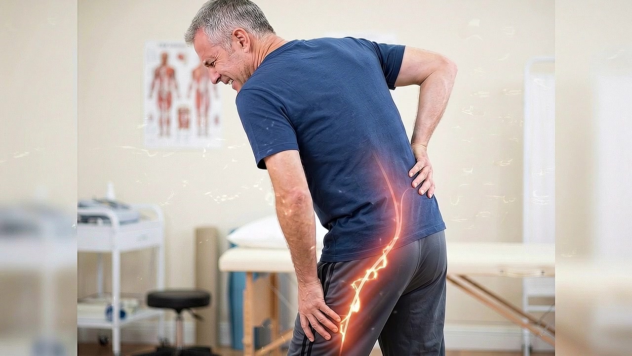 Rear view of man clutching glowing lower back indoors in realistic medical scene