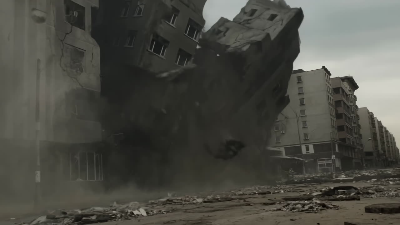 Edifici urbani che crollano con polvere e detriti