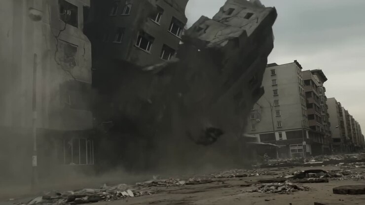 Edifícios Urbanos Desmoronando com Poeira e Destroços