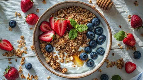 healthy yogurt parfait with granola, berries, and honey