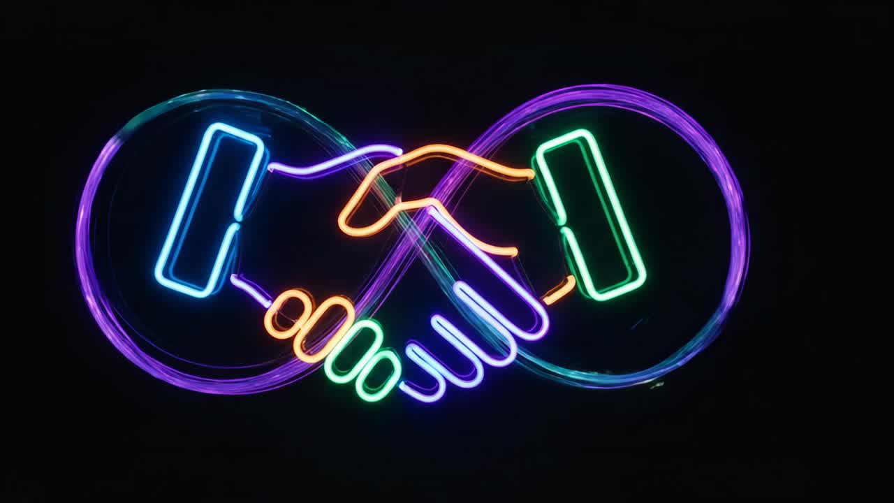 Colorful Neon Handshake Forming Infinity Symbol with Light Trails