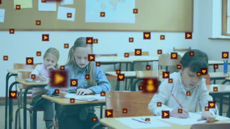 animation of network of digital icons against diverse students studying in the class at school