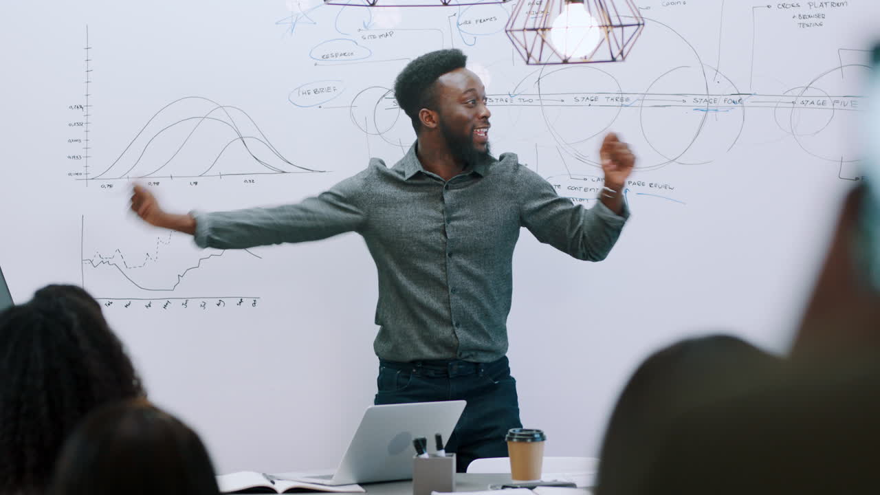 Meeting, presentation and business coach dancing