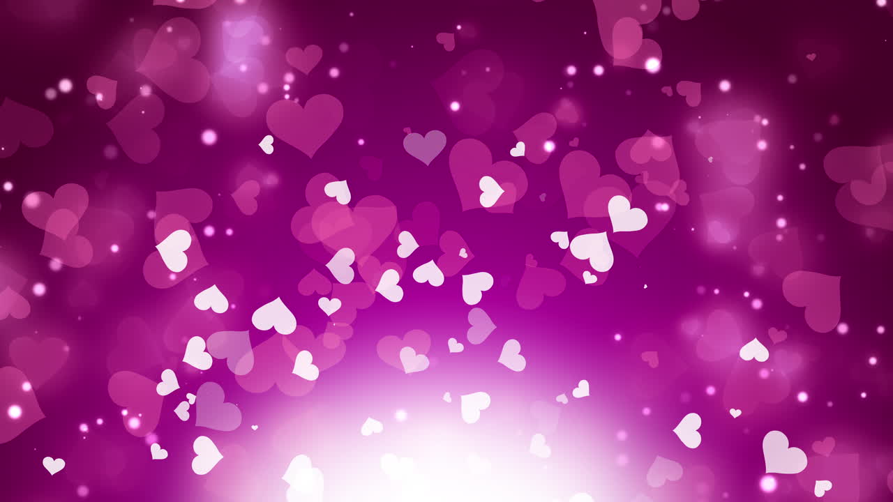 Confetti hearts flying on purple animated background. Valentine's Day. Glowing white particles. Looped motion graphics. Copy space.