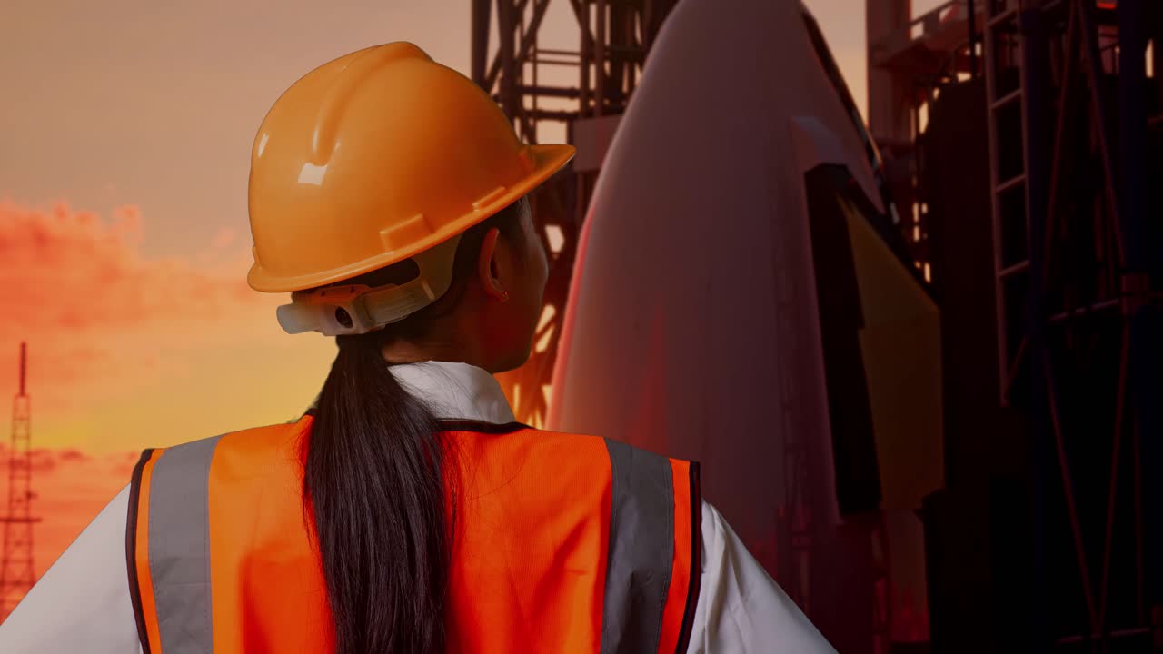 vista posterior cercana de una ingeniera que usa un casco de seguridad mirando a su alrededor mientras está de pie con los brazos akimbo con el transbordador espacial, hora de la puesta del sol