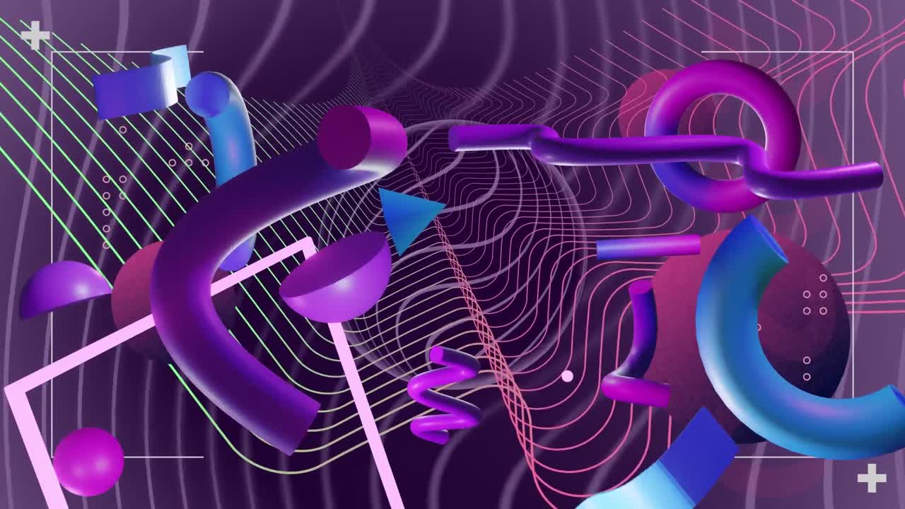 Animation of abstract 3d shapes over purple background