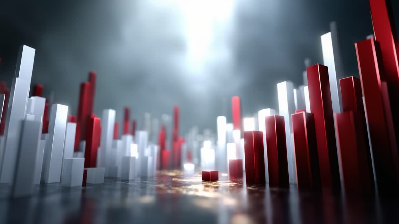 Red and white bars rise from dark ground under dramatic lighting. No people appear in this scene. The abstract visuals suggest growth, data, or financial success. Ideal for business, finance