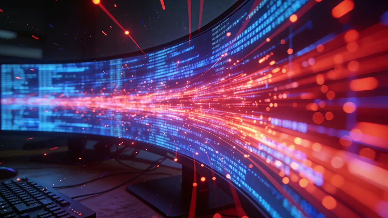 Starting curved ultrawide monitor streaming orange data at dim desk for analysis with particles