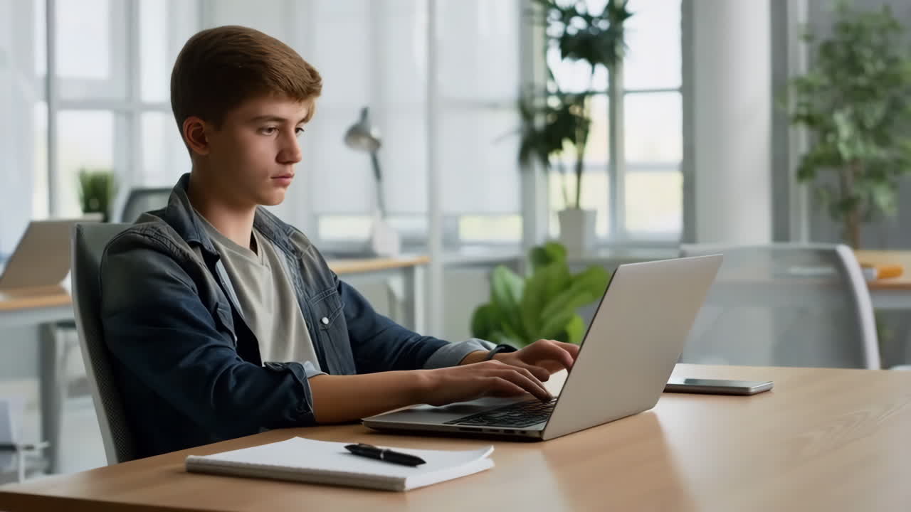 Young Man Working on Laptop in a Modern Office