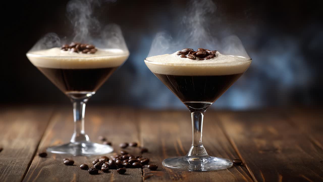 Aromatic Coffee Cocktails with Creamy Foam and Coffee Beans Garnish, Perfectly Steaming in Elegant Glasses on a Rustic Wooden Surface