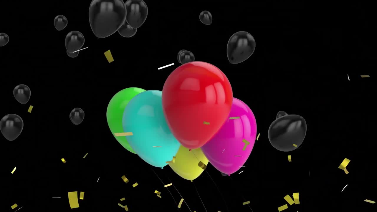 animación de globos coloridos, globos negros y confeti dorado que caen sobre un fondo negro