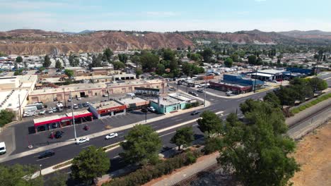 santa clarita, california business district, ascending aerial view