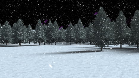 snow falling over multiple tress on winter landscape against purple light trails on black background