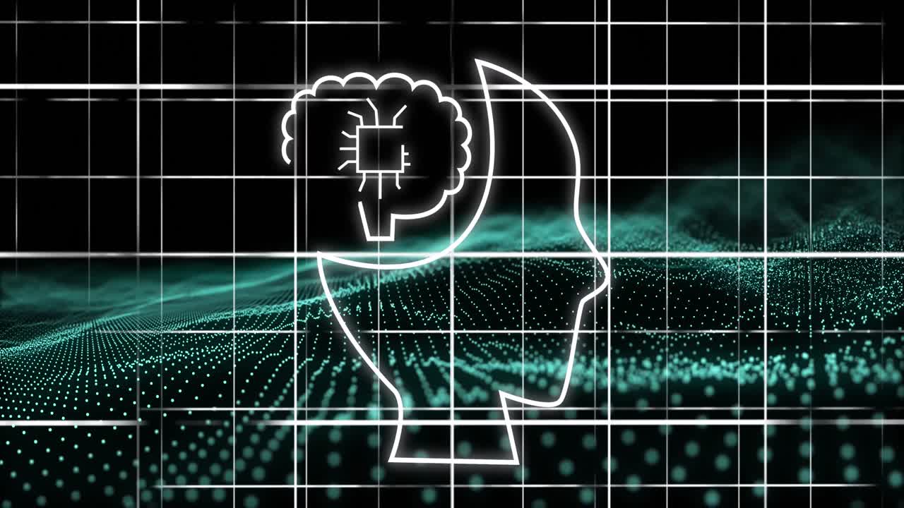 animación del icono de la ia y procesamiento de datos sobre malla verde y cuadrícula