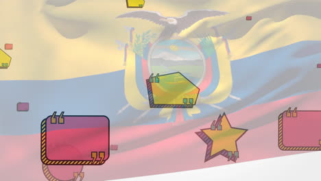 animación de la bandera de ecuador soplando sobre las formas de habla vacías flotantes