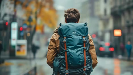 a man wearing a backpack is walking down a wet street