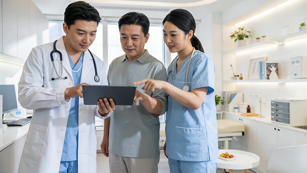 クリニックで、白衣の医師と青いスクラブを着た看護師がタブレットを見せながら患者に結果を説明している。