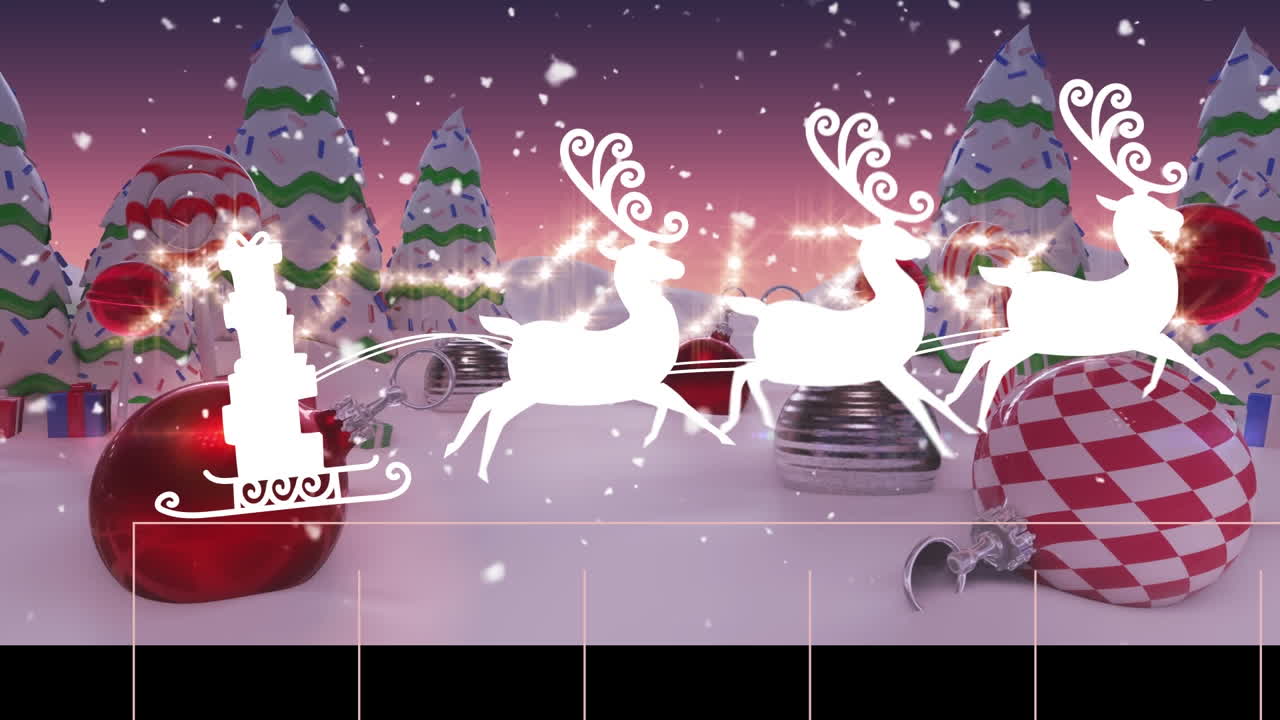 크리스마스 장식과 산타클로스의 애니메이션은 겨울 풍경에서 사과 함께 매에 있습니다.