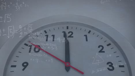 Animation-of-mathematical-equations-floating-over-ticking-clock-against-grey-background