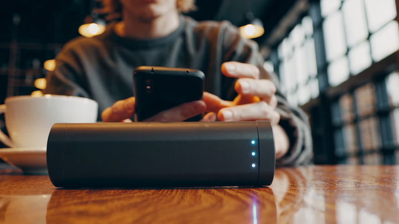 Person using smartphone in a cafe with power bank