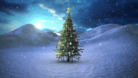 Snow-falling-on-christmas-tree-in-snowy-landscape