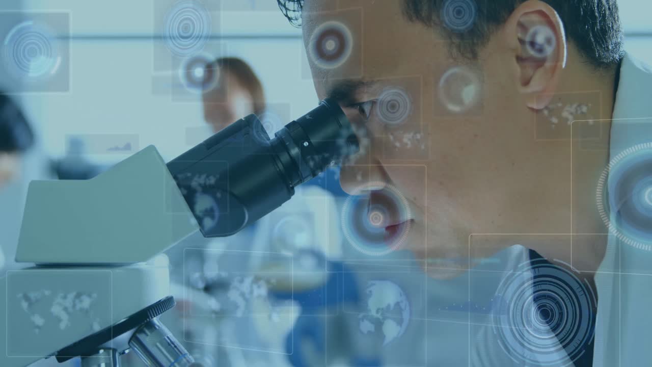 Animation of scopes scanning and data processing on screens over male scientist with microscope