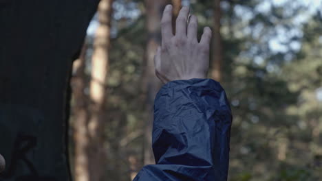 person pointing in a forest