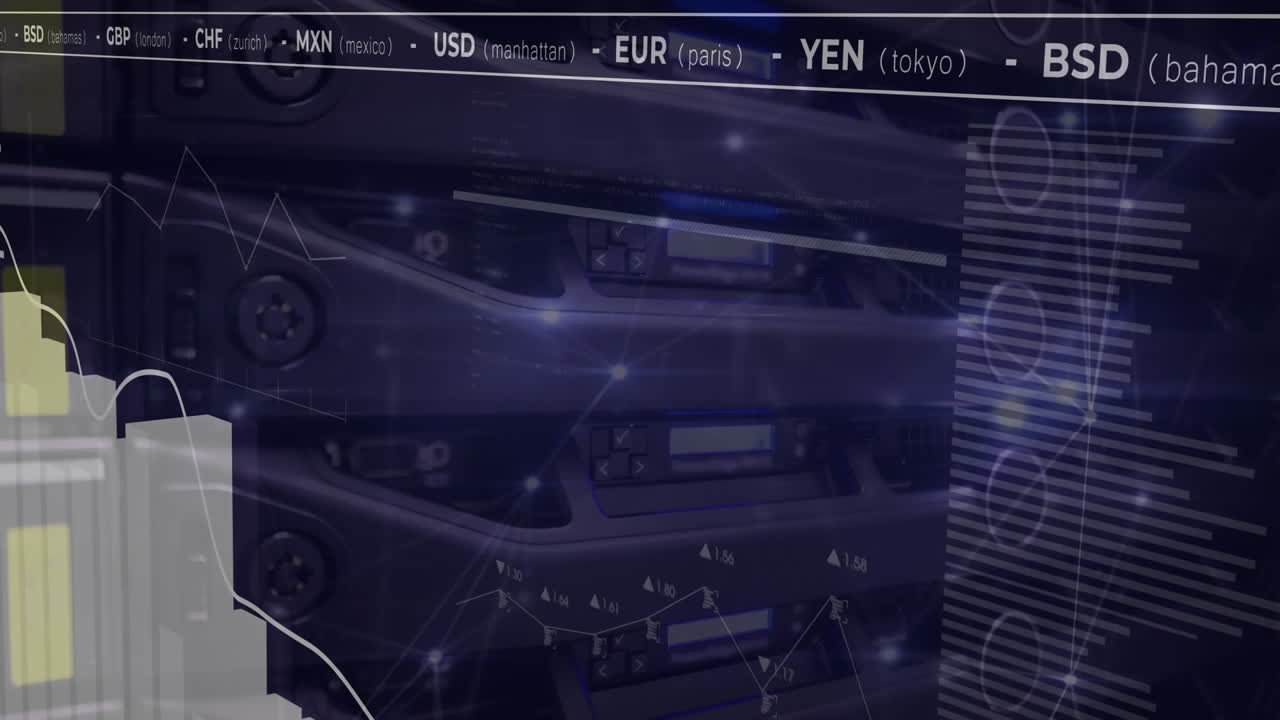 Animation of multiple graphs and currency signs over audio equipment