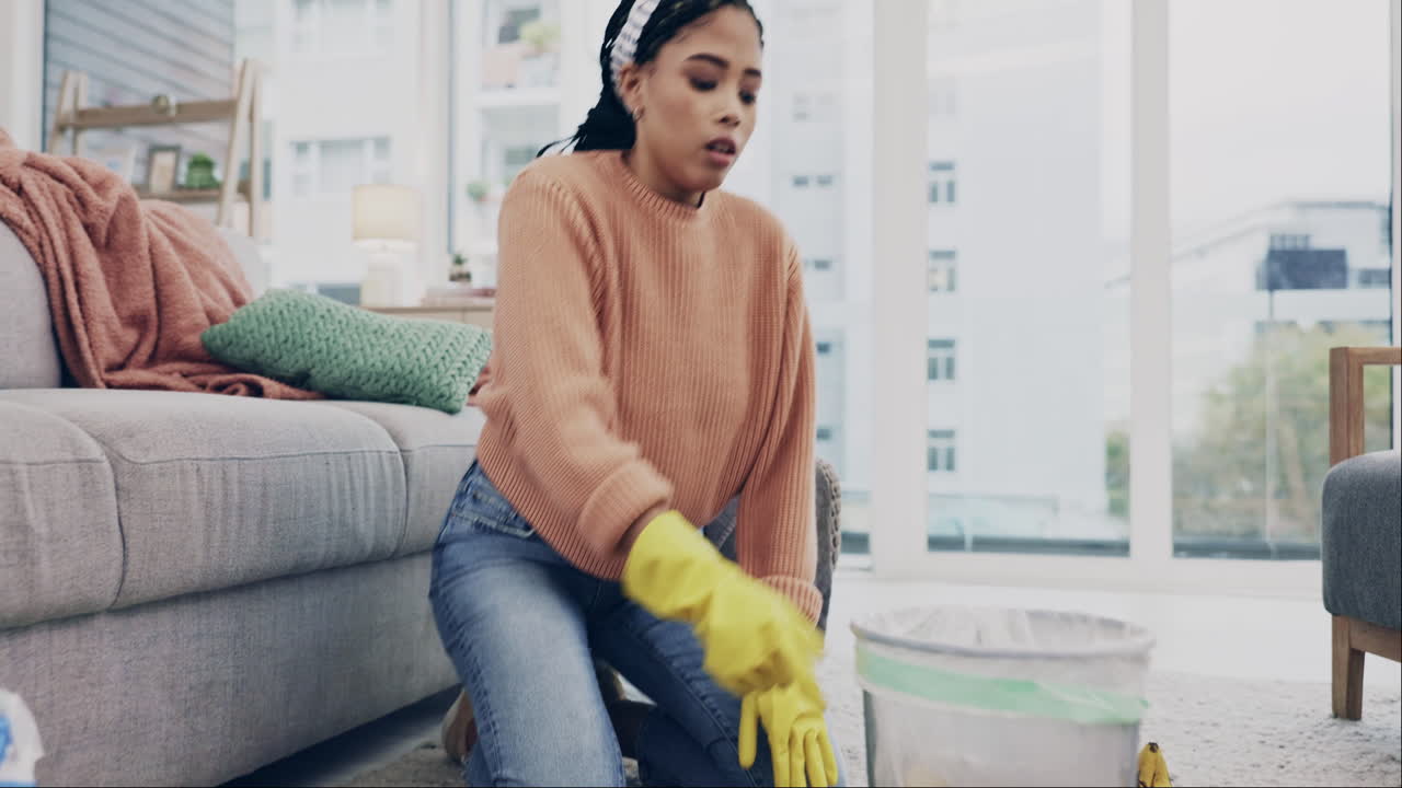 Cleaning, trash and tired with woman in living