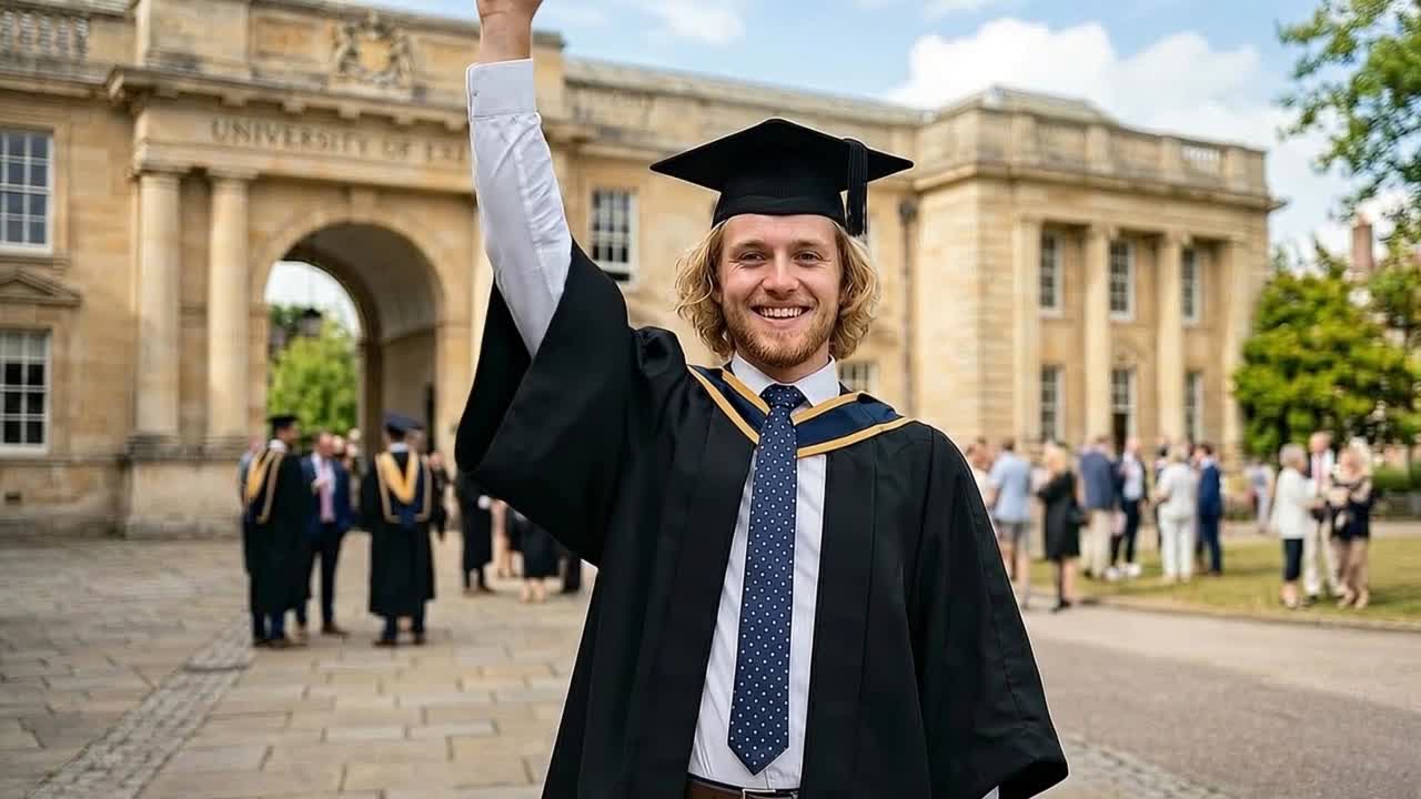 Laureato che tiene alto il diploma davanti a un classico edificio universitario con una folla che celebra il giorno della laurea.