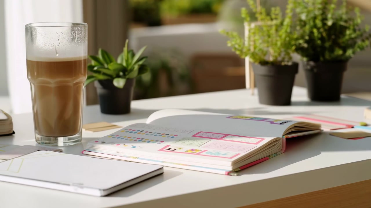 Open planner with colorful sticker pages rests on white desk beside tall latte glass with foam and condensation, while two small potted plants and scattered stationery create calm cozy home office