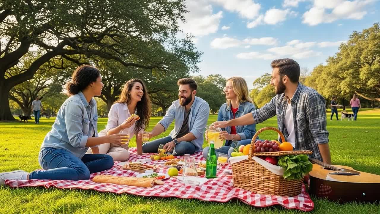 A Joyful Outdoor Picnic Gathering: Friends Sharing Laughter, Food, and Drinks Under a Beautiful Blue Sky in a Lush Green Park
