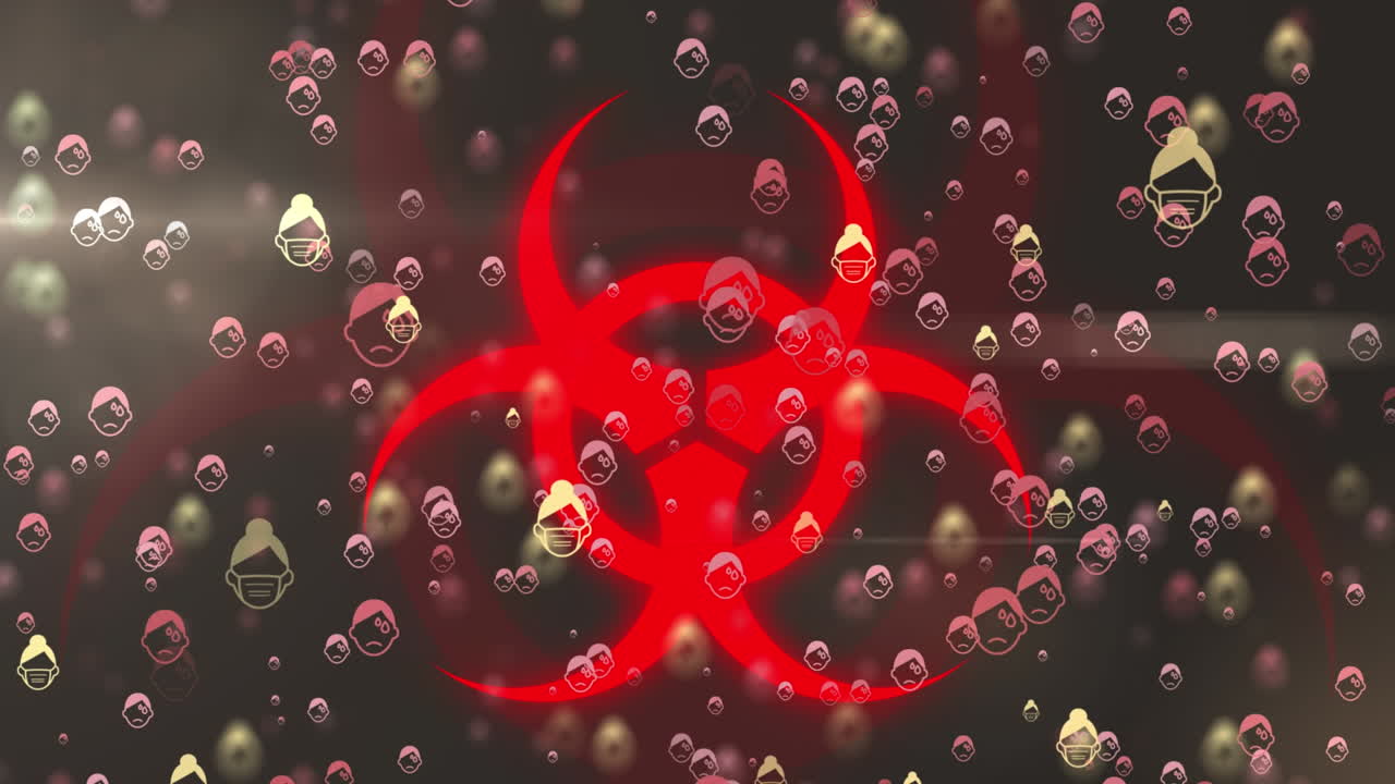 검은색 배경의 경고 표지판 위에 여러 개의 코로나19 아이콘이 떨어지는 애니메이션