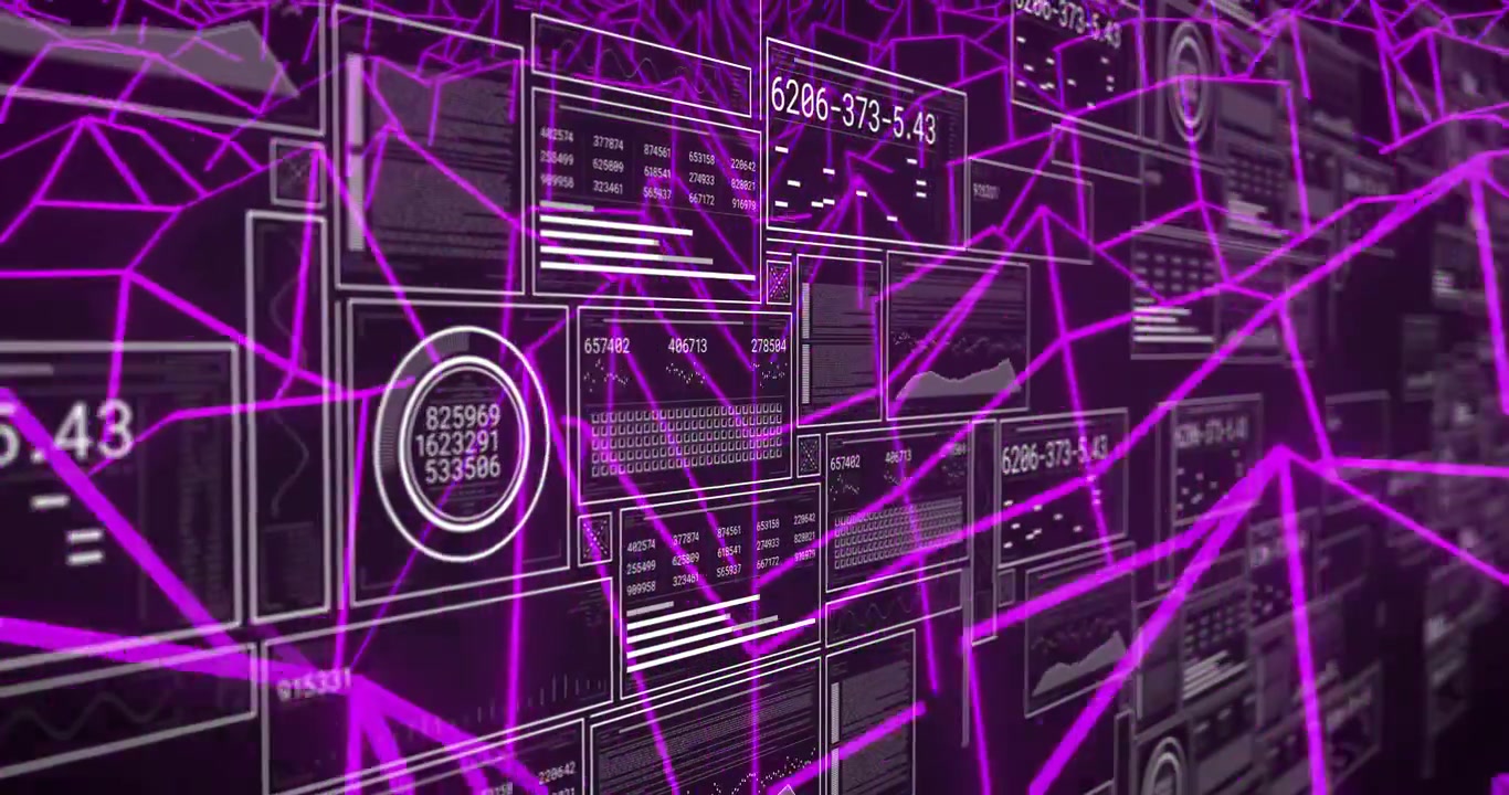 Camera panning revealing data panels while purple wireframe pulsing for visualizing dynamic metrics